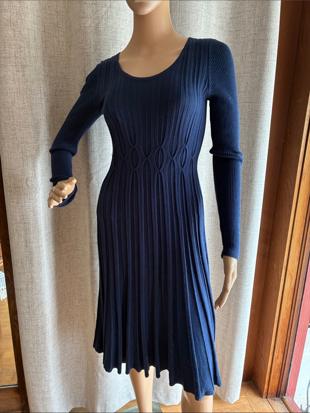 Max Studio Navy Ribbed Knit Long-Sleeve Dress